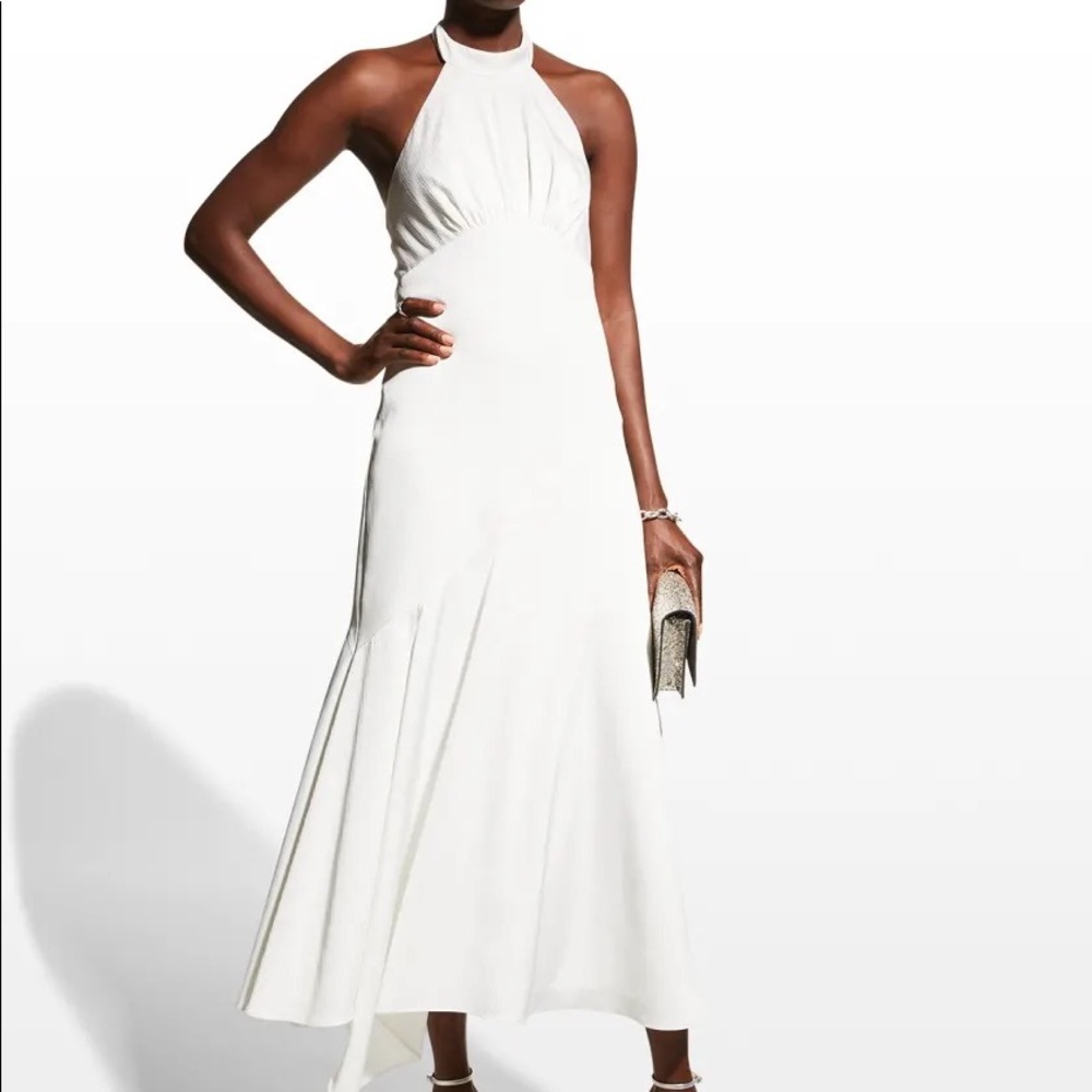 aidan mattox halter ruched midi dress